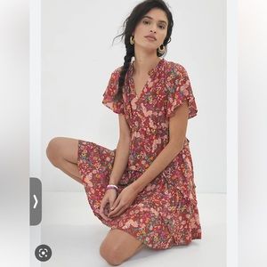 By Anthropologie Red Floral Robin Tiered Mini Dress XL